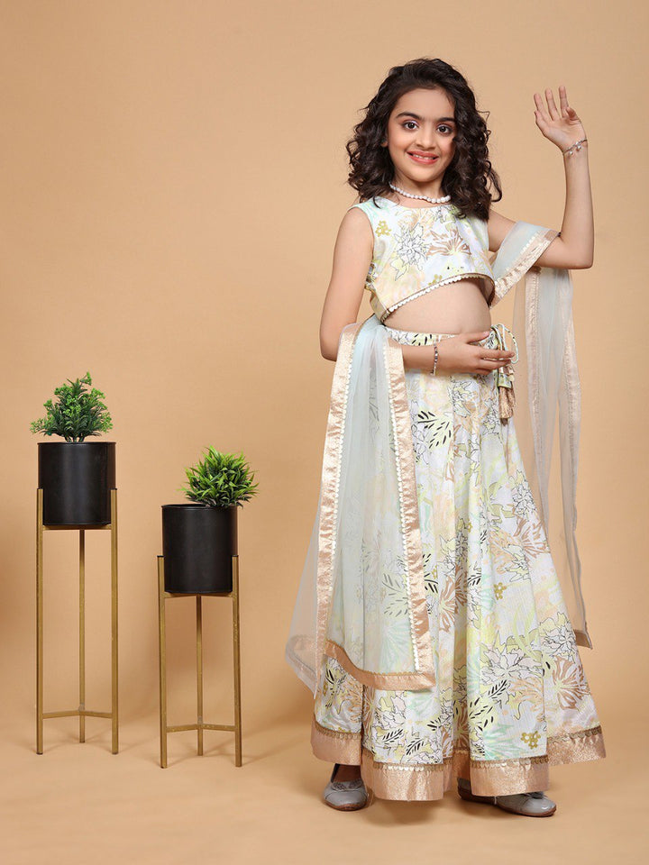 Mint Green Colour Chinon Chiffon Printed Girls Lehenga Choli Set