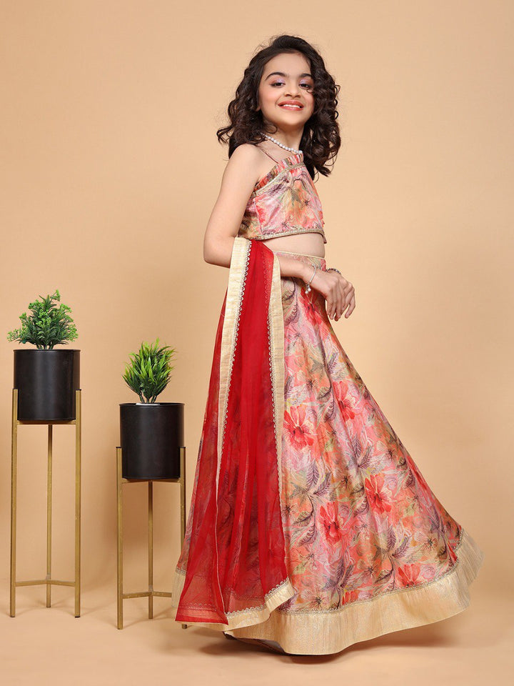 Peach Colour Chiffon Printed Girls Lehenga Choli Set