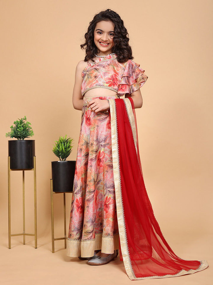 Peach Colour Chiffon Printed Girls Lehenga Choli Set