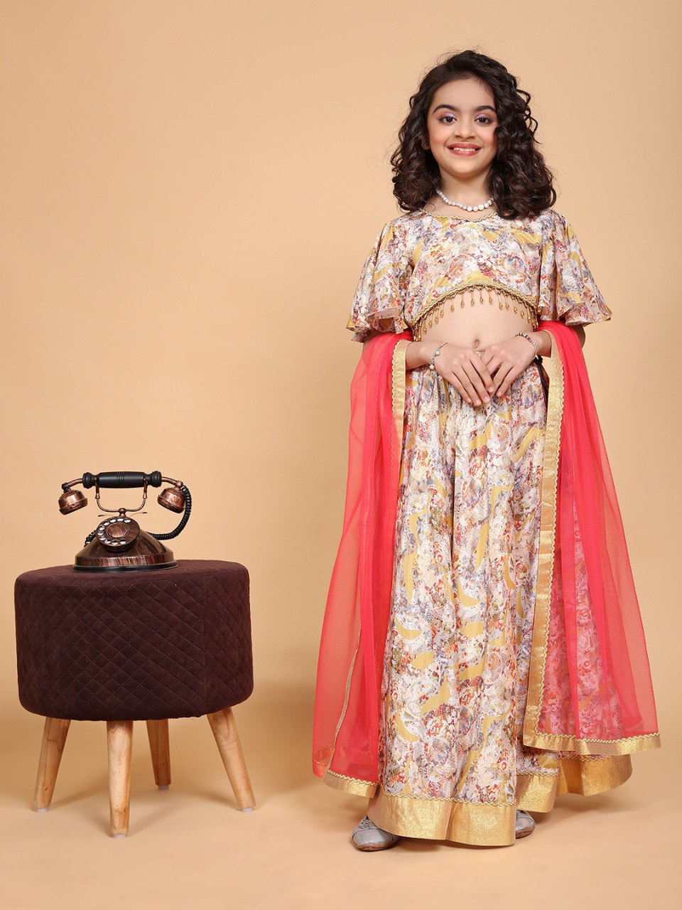 Cream Colour Chinon Chiffon Printed Girls Lehenga Choli Set