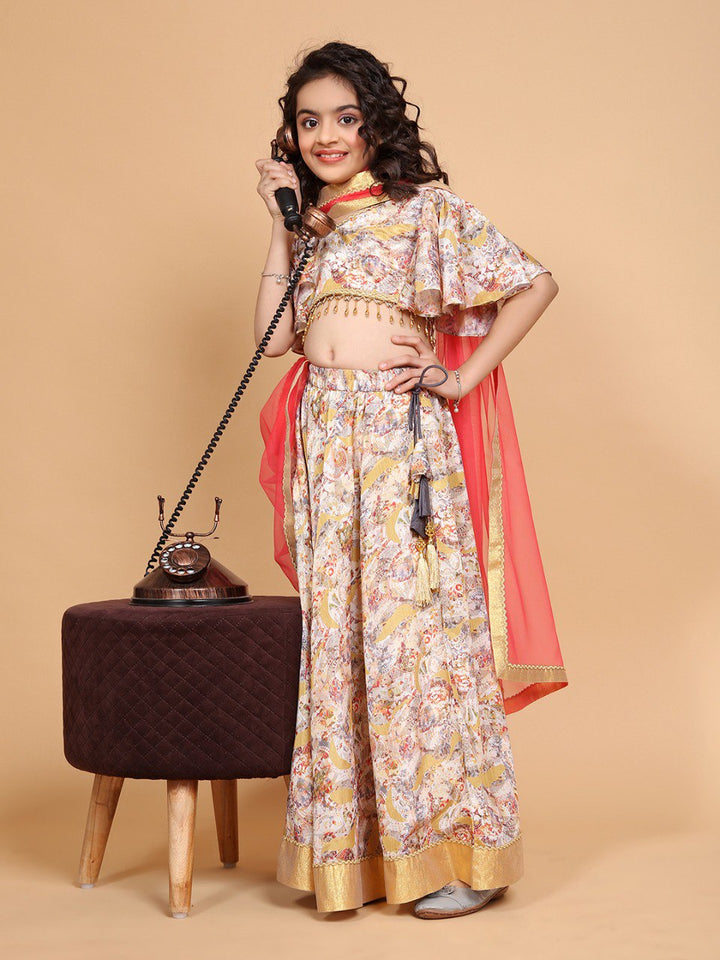Cream Colour Chinon Chiffon Printed Girls Lehenga Choli Set