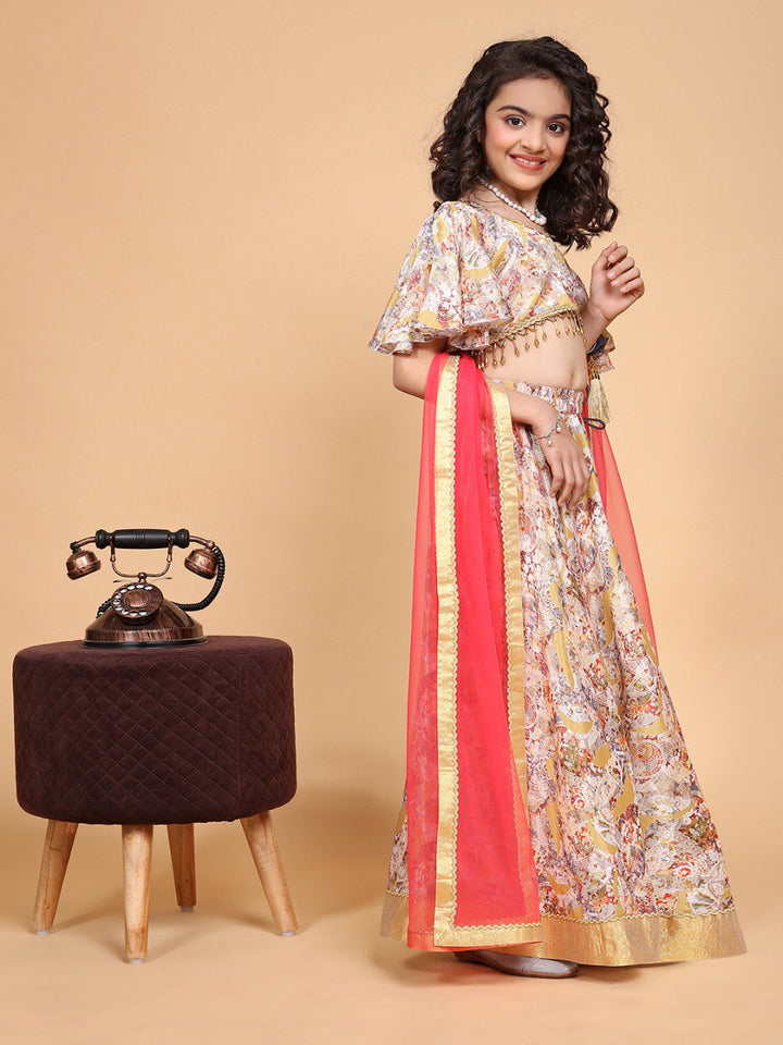 Cream Colour Chinon Chiffon Printed Girls Lehenga Choli Set