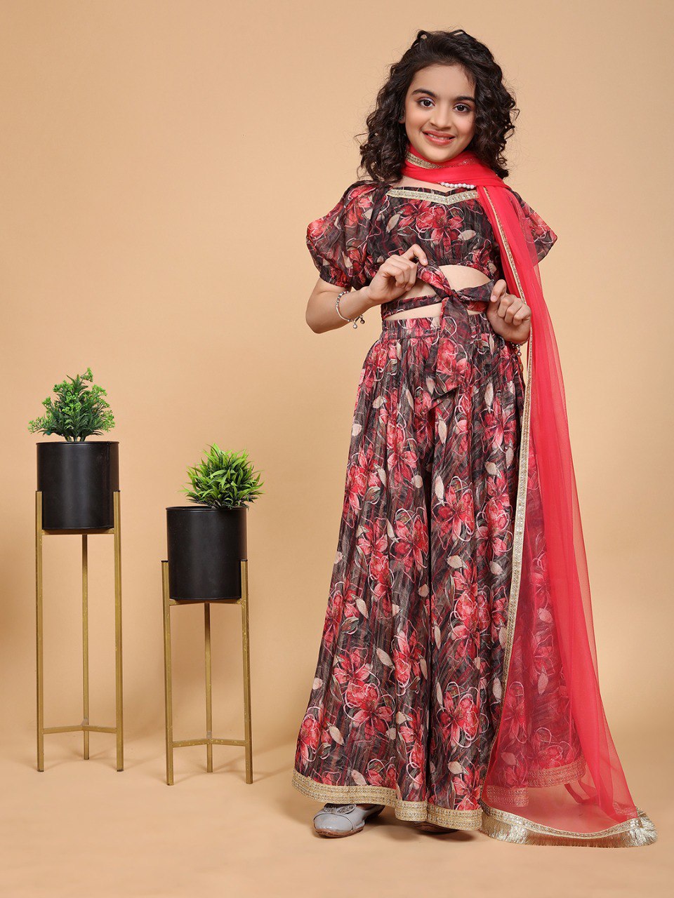 Maroon Colour Chiffon Printed Girls Lehenga Choli Set
