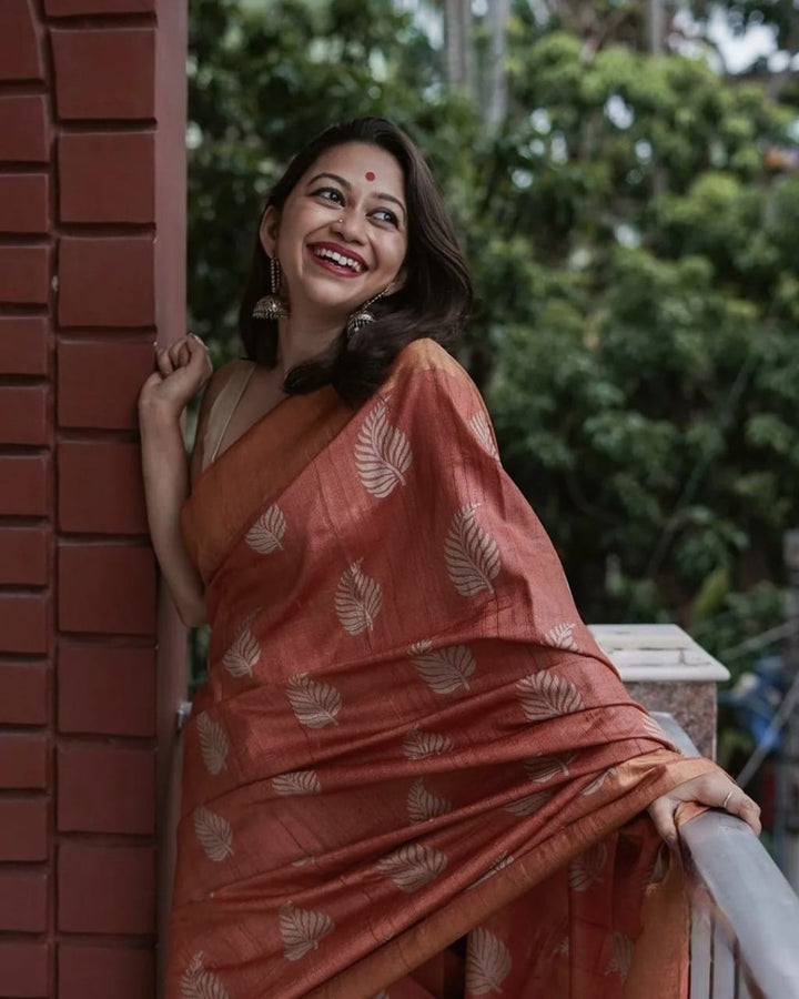 Brown Color Banarsi Soft Silk Saree With Copper Jari Weaving Saree
