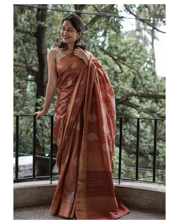 Brown Color Banarsi Soft Silk Saree With Copper Jari Weaving Saree