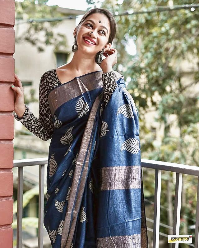 Blue Color Banarsi Soft Silk Saree With Copper Jari Weaving Saree