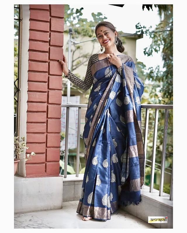 Blue Color Banarsi Soft Silk Saree With Copper Jari Weaving Saree