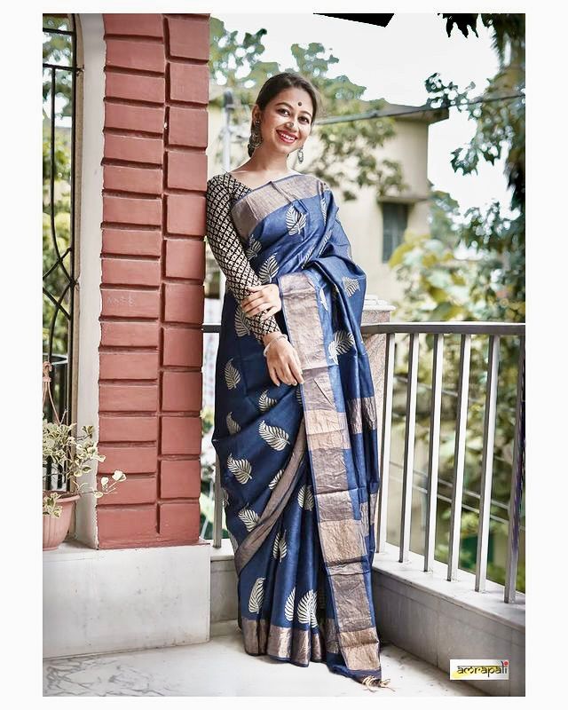 Blue Color Banarsi Soft Silk Saree With Copper Jari Weaving Saree
