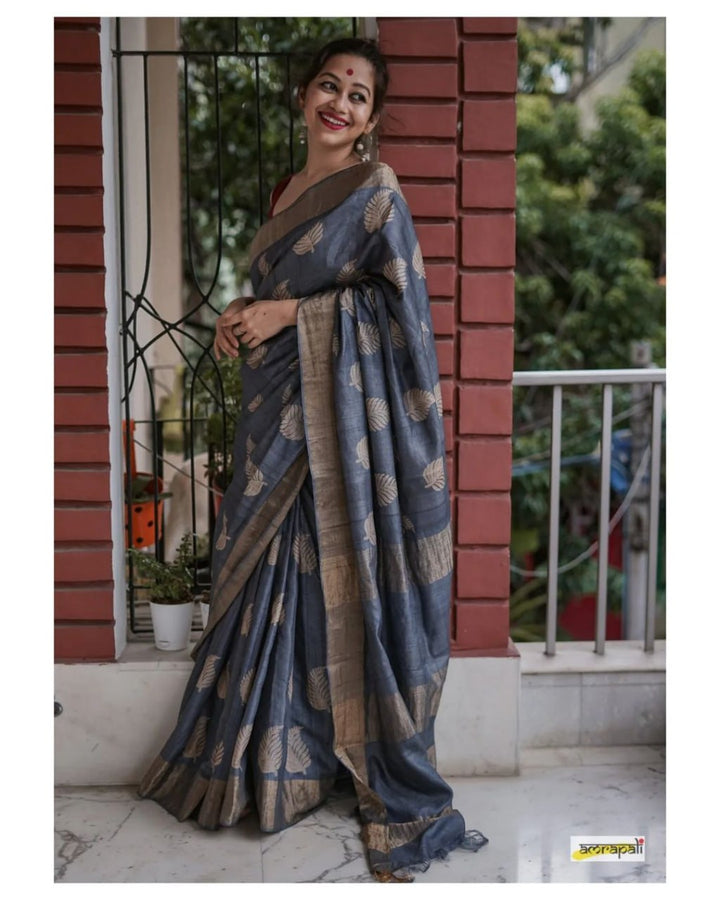 Grey Color Banarsi Soft Silk Saree With Copper Jari Weaving Saree