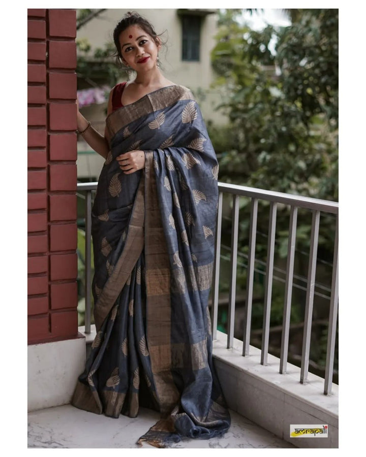 Grey Color Banarsi Soft Silk Saree With Copper Jari Weaving Saree
