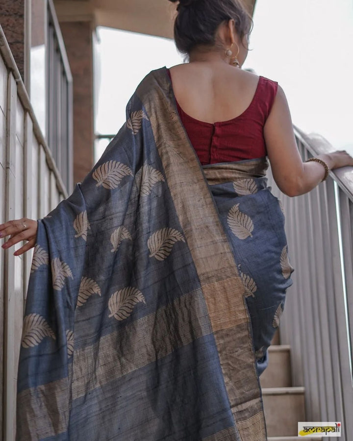 Grey Color Banarsi Soft Silk Saree With Copper Jari Weaving Saree