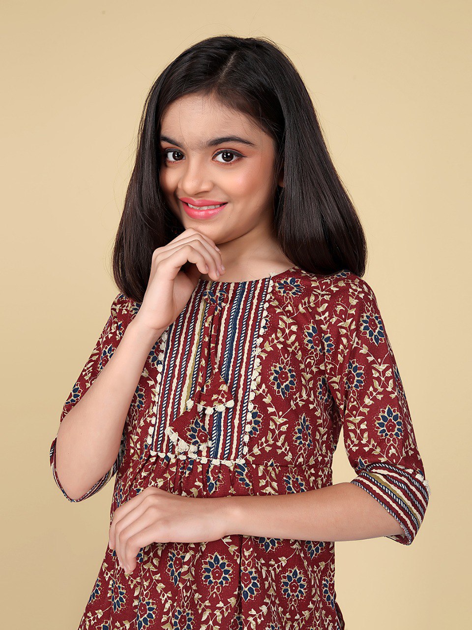 Maroon Colour Poly Cotton Printed Cottonlace Kurti with Pant set