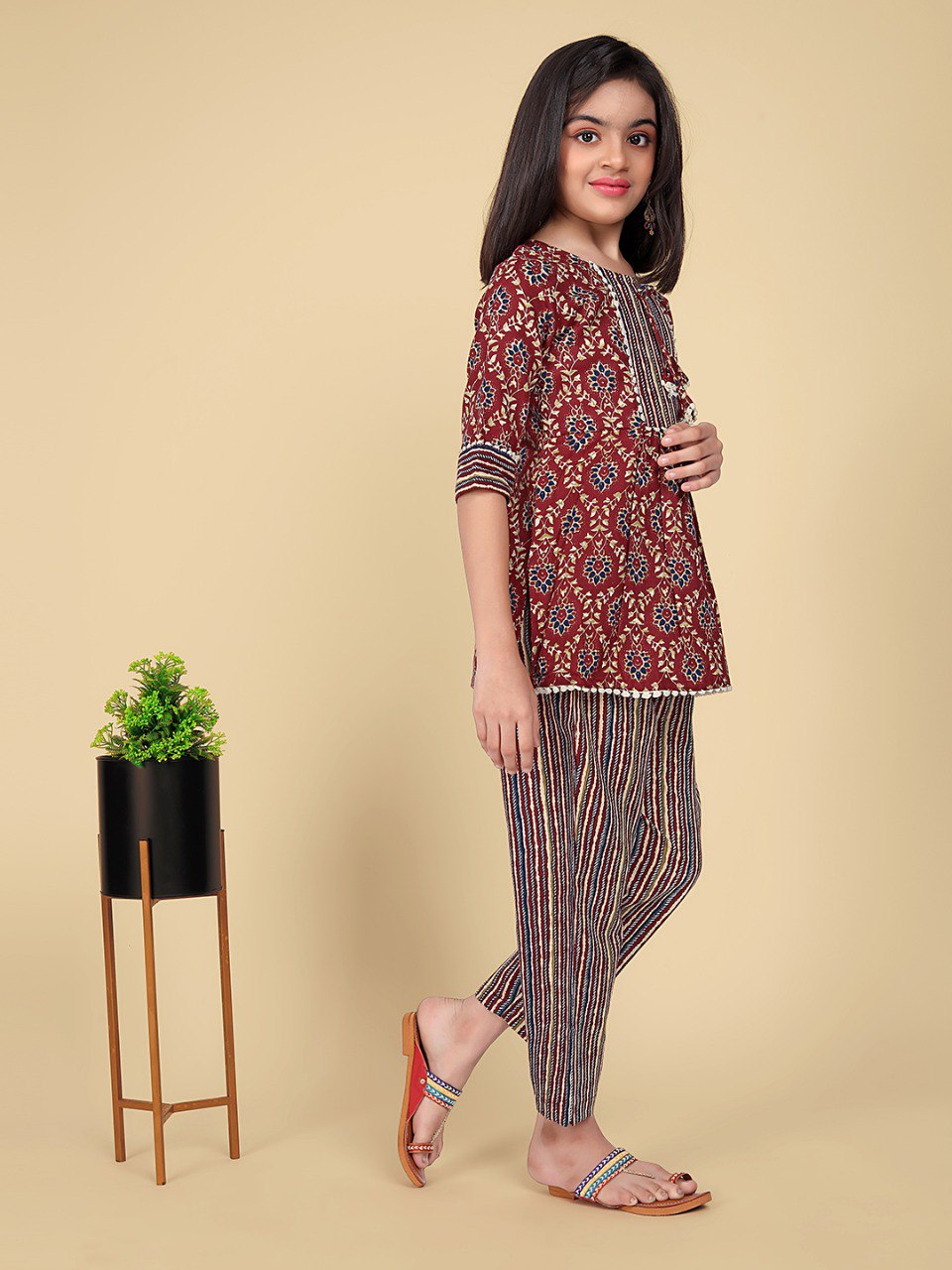 Maroon Colour Poly Cotton Printed Cottonlace Kurti with Pant set