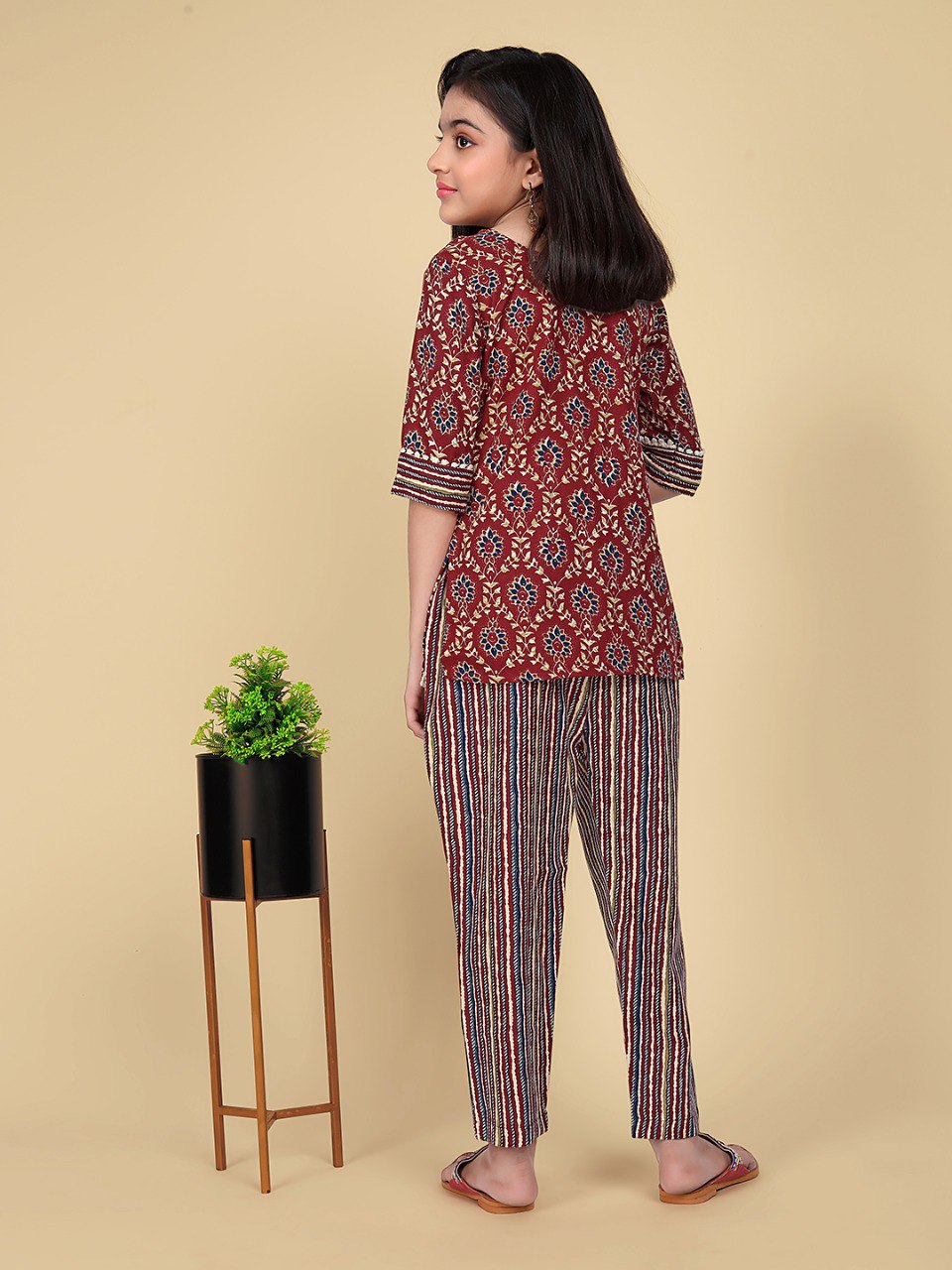 Maroon Colour Poly Cotton Printed Cottonlace Kurti with Pant set
