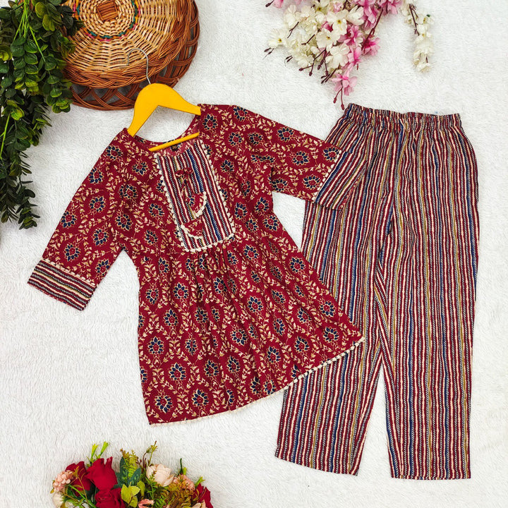Maroon Colour Poly Cotton Printed Cottonlace Kurti with Pant set