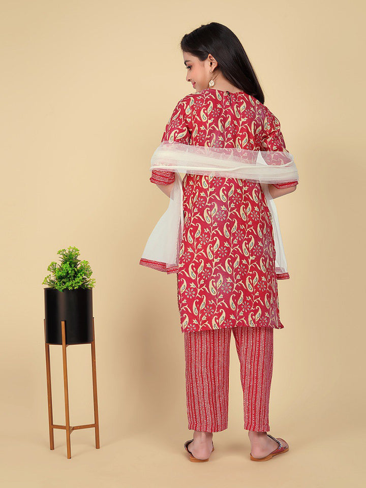 Red Colour Cotton Printed Embroidered Kurti with Pant And Dupatta set