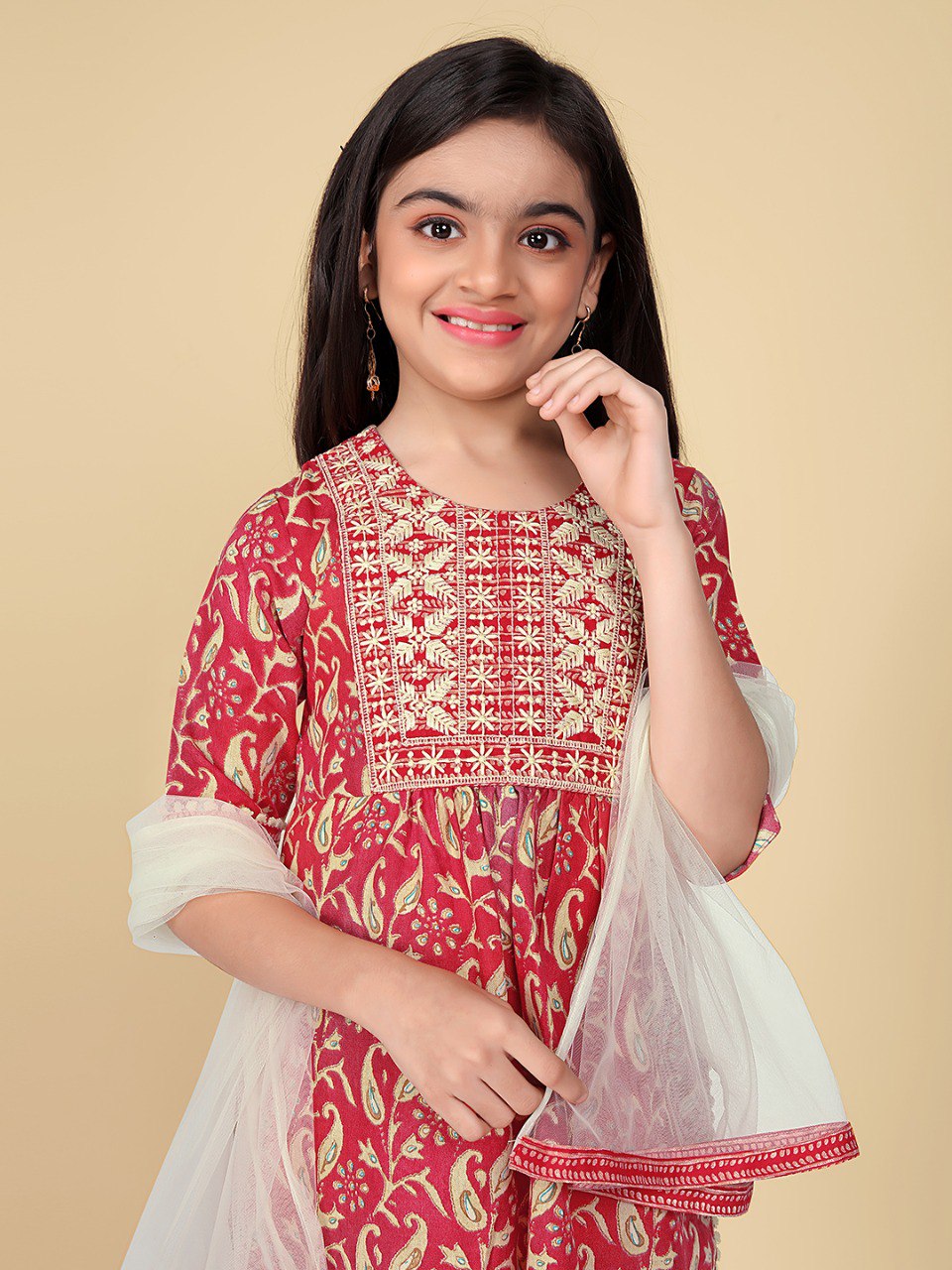 Red Colour Cotton Printed Embroidered Kurti with Pant And Dupatta set
