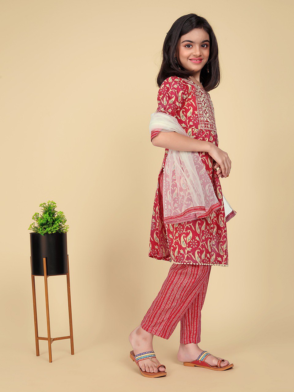 Red Colour Cotton Printed Embroidered Kurti with Pant And Dupatta set