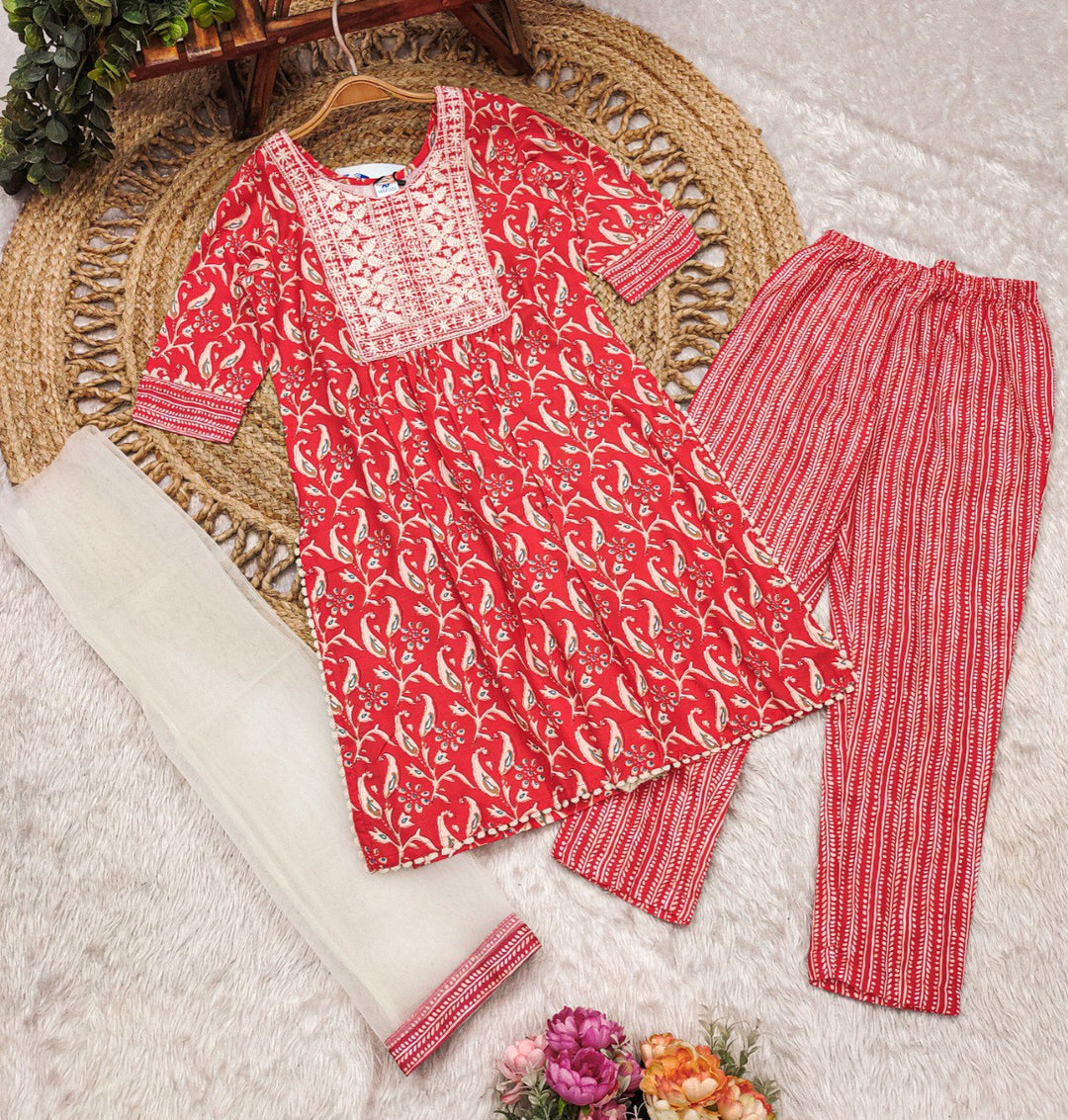 Red Colour Cotton Printed Embroidered Kurti with Pant And Dupatta set