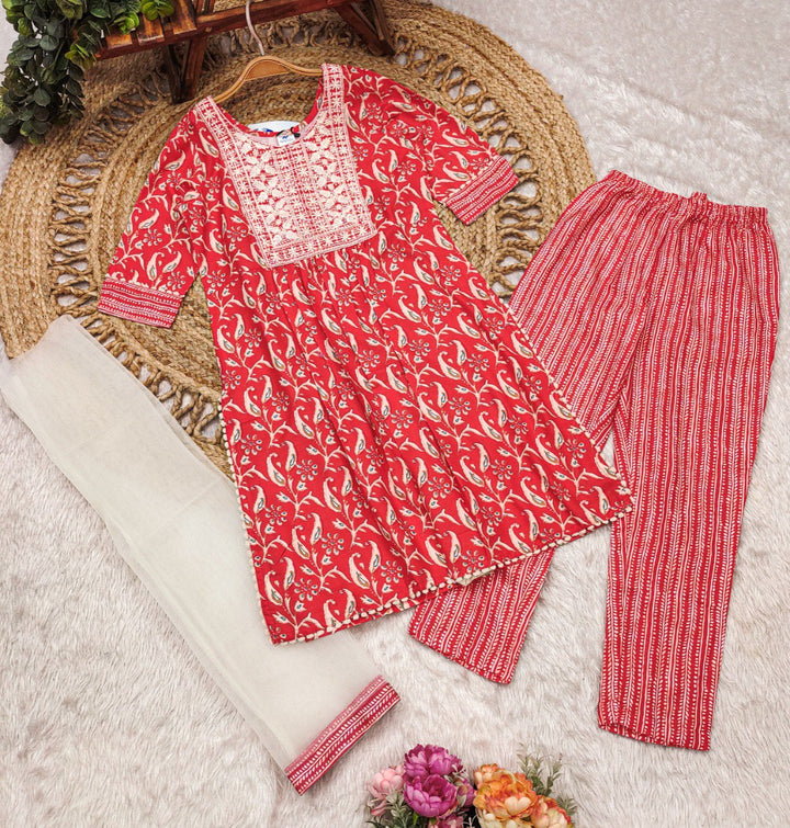 Red Colour Cotton Printed Embroidered Kurti with Pant And Dupatta set