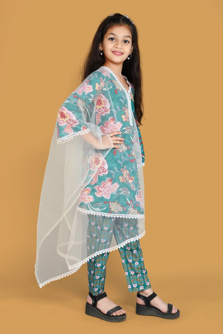 Teal Colour Roman Slub Floral Prinded Shiffli lace with salwar kameez set & Dupatta Set
