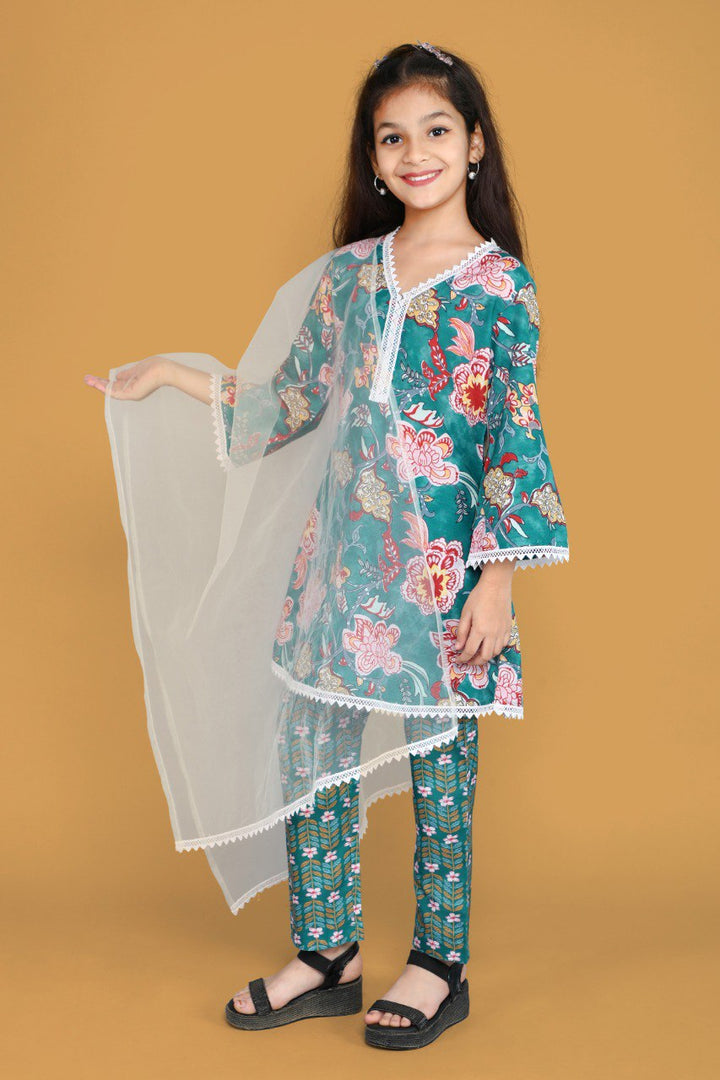 Teal Colour Roman Slub Floral Prinded Shiffli lace with salwar kameez set & Dupatta Set