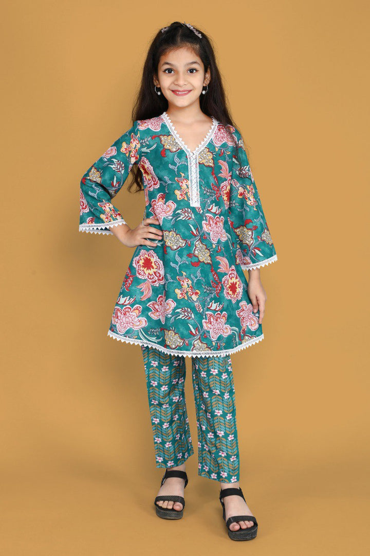 Teal Colour Roman Slub Floral Prinded Shiffli lace with salwar kameez set & Dupatta Set
