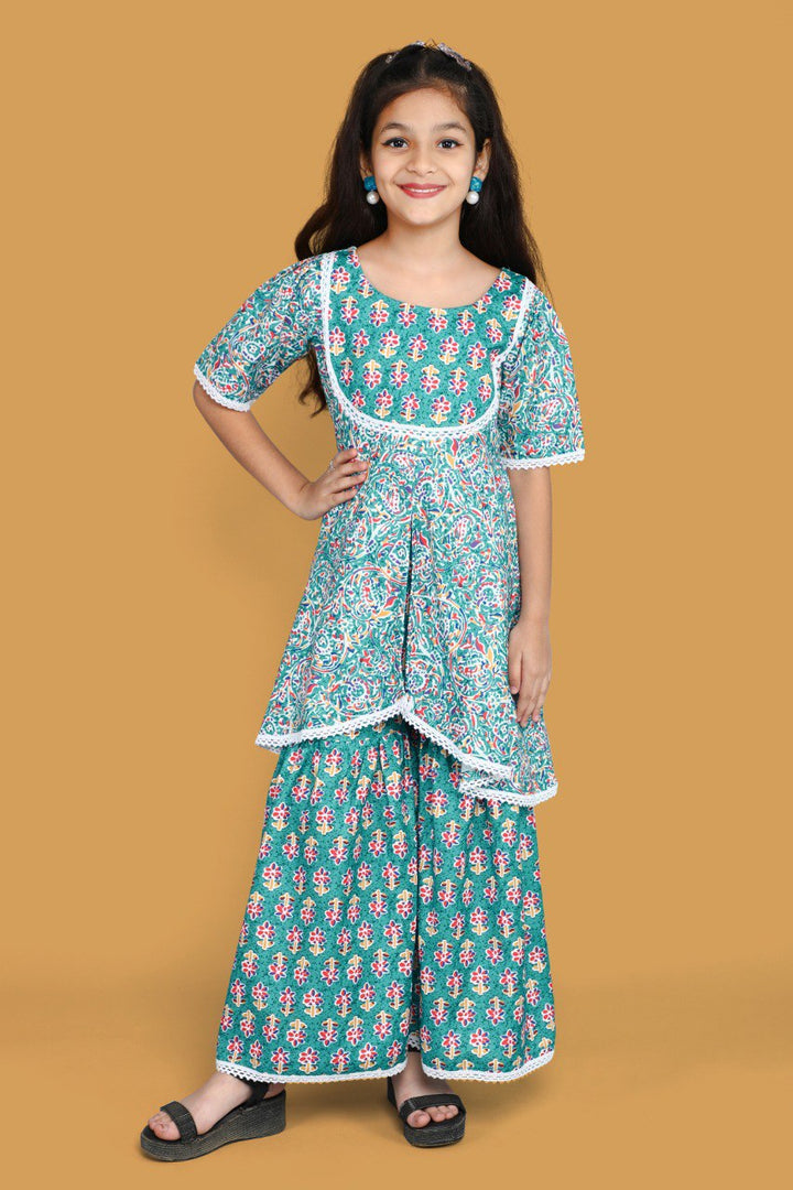 Teal Colour Roman Slub Floral Prinded Shiffli lace With Top Sharara & Dupatta Set