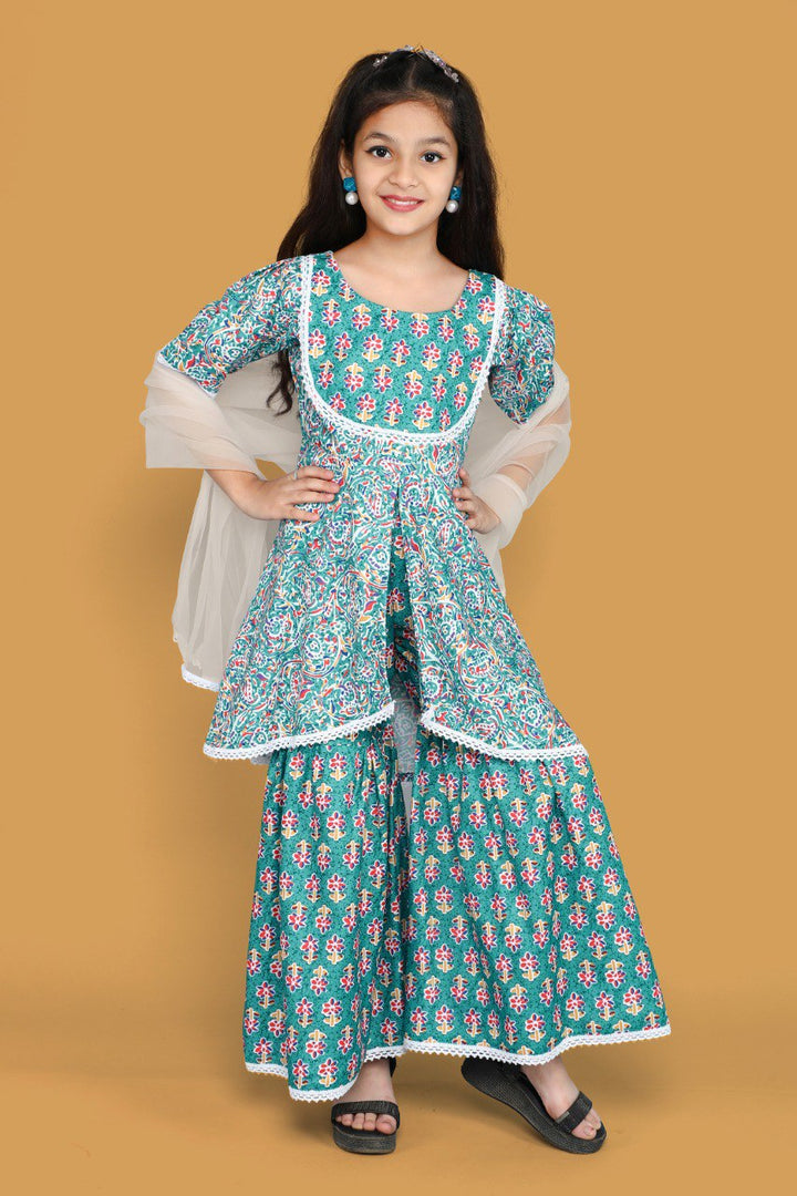 Teal Colour Roman Slub Floral Prinded Shiffli lace With Top Sharara & Dupatta Set