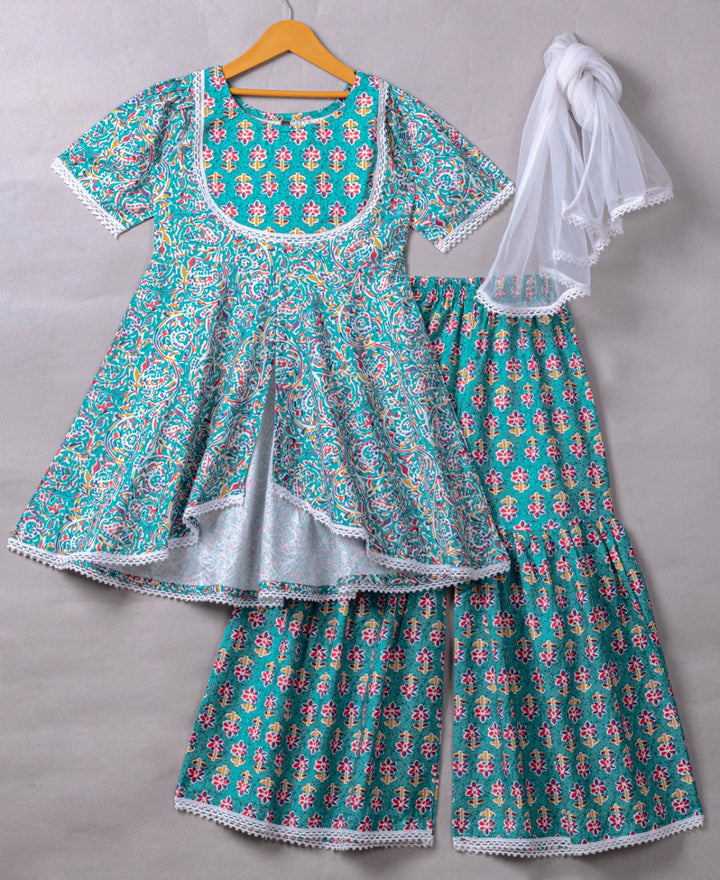 Teal Colour Roman Slub Floral Prinded Shiffli lace With Top Sharara & Dupatta Set