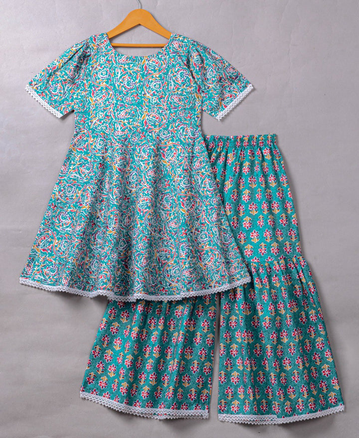 Teal Colour Roman Slub Floral Prinded Shiffli lace With Top Sharara & Dupatta Set