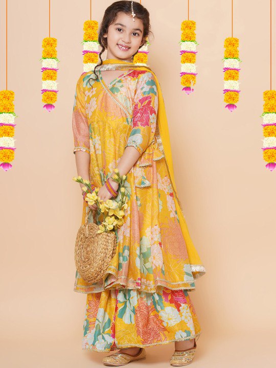 Yellow Colour Reyon Printed Codding Lace With Anarkali-style suit