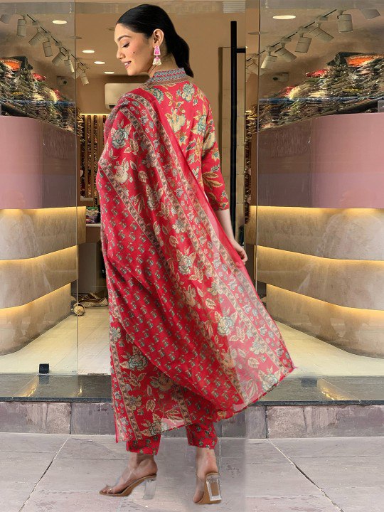 Red Color Roman slub Anarkali Printed Kurta with plazzo & Dupatta set (3PICE PEAR)
