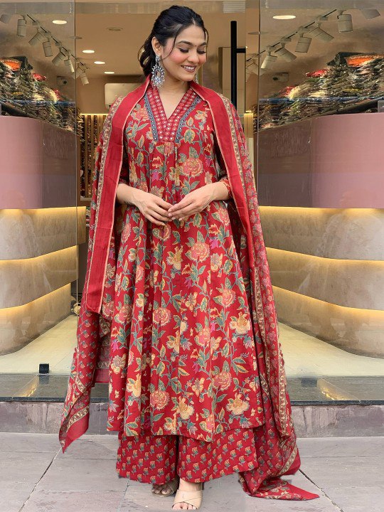 Red Color Roman slub Anarkali Printed Kurta with plazzo & Dupatta set (3PICE PEAR)