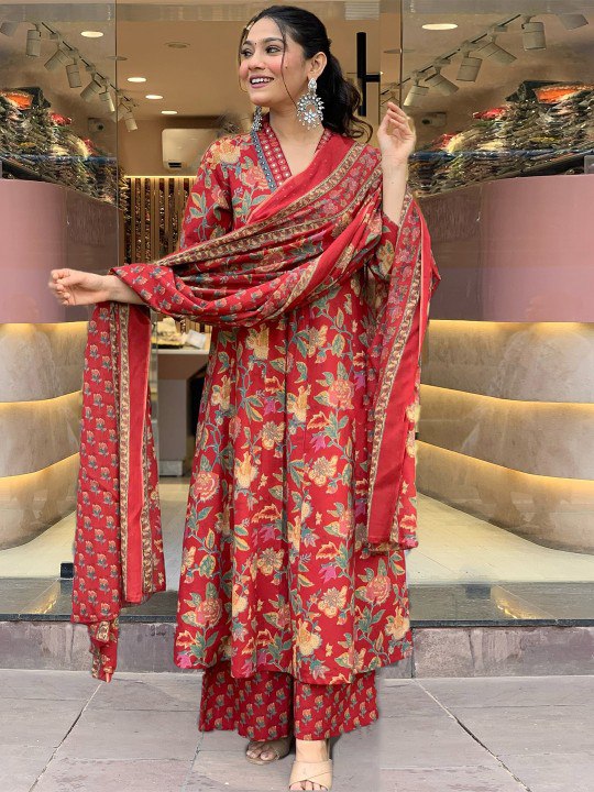Red Color Roman slub Anarkali Printed Kurta with plazzo & Dupatta set (3PICE PEAR)