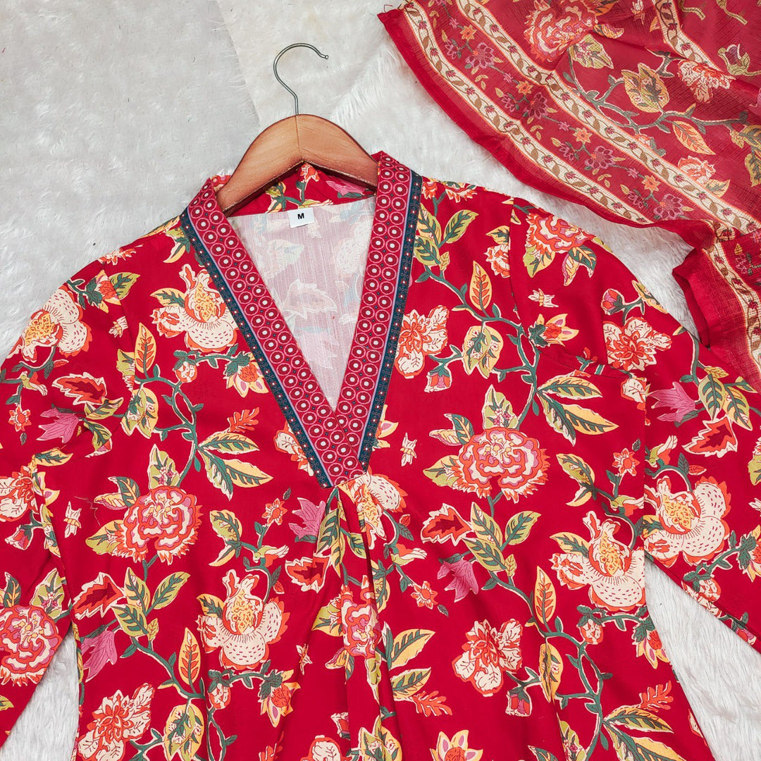 Red Color Roman slub Anarkali Printed Kurta with plazzo & Dupatta set (3PICE PEAR)