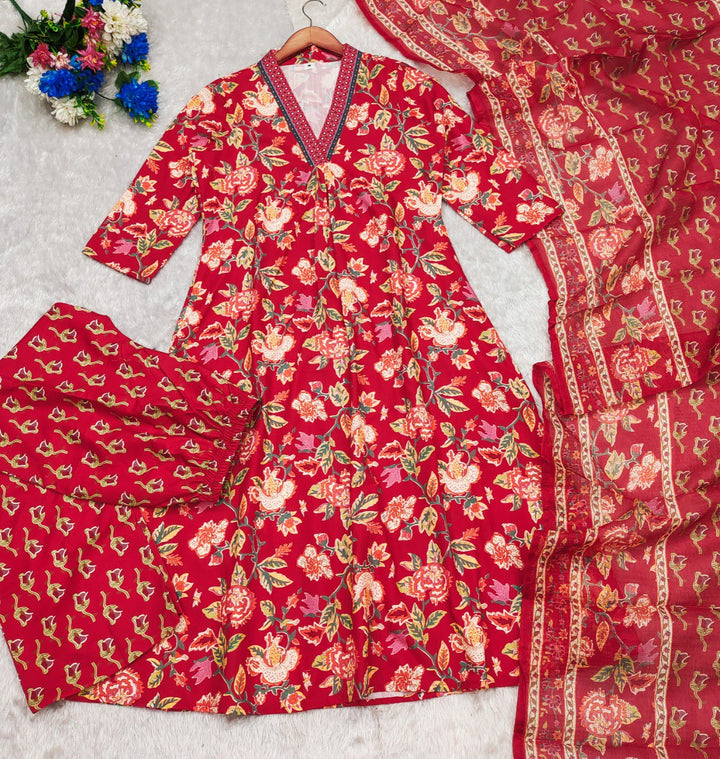 Red Color Roman slub Anarkali Printed Kurta with plazzo & Dupatta set (3PICE PEAR)