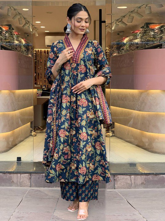 Blue Color Roman slub Anarkali Printed Kurta with plazzo & Dupatta set (3PICE PEAR)