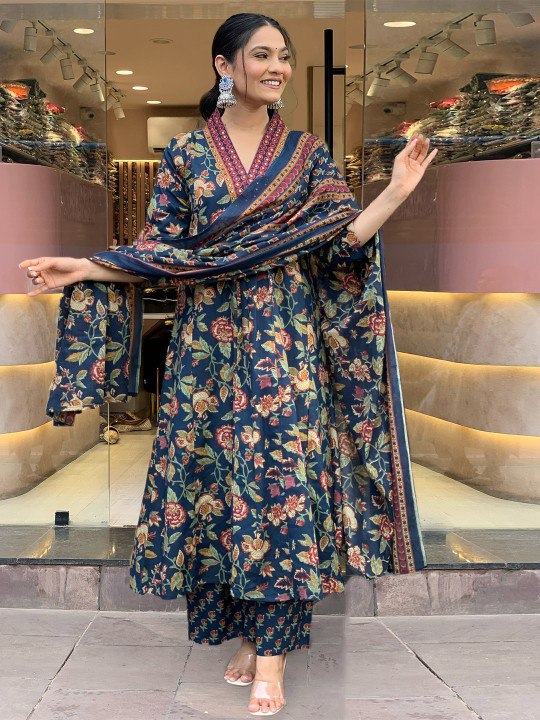 Blue Color Roman slub Anarkali Printed Kurta with plazzo & Dupatta set (3PICE PEAR)