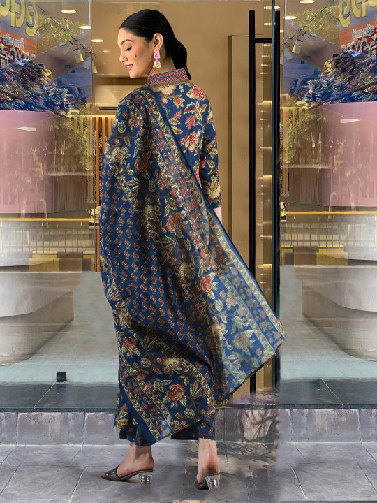 Blue Color Roman slub Anarkali Printed Kurta with plazzo & Dupatta set (3PICE PEAR)