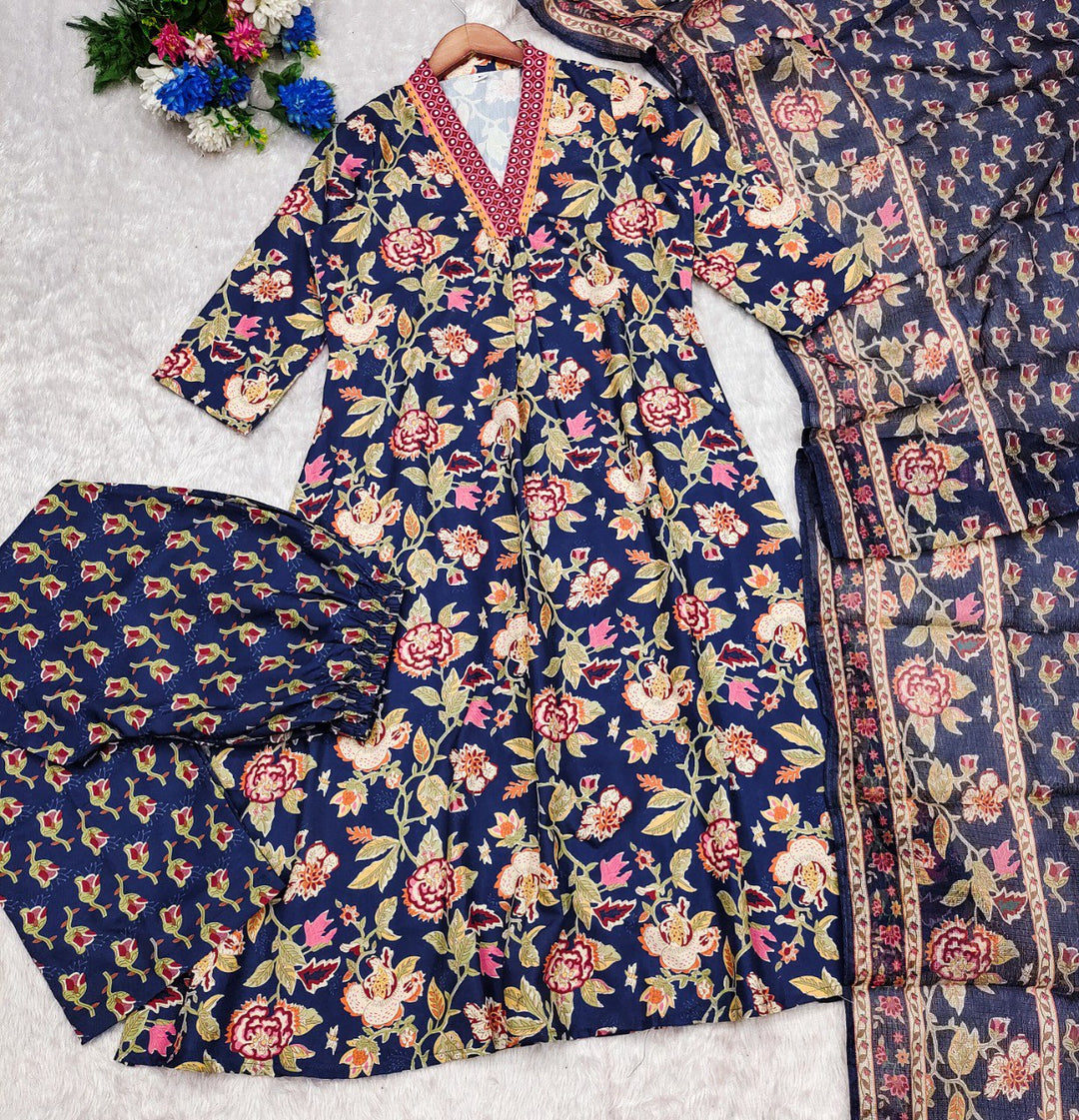 Blue Color Roman slub Anarkali Printed Kurta with plazzo & Dupatta set (3PICE PEAR)