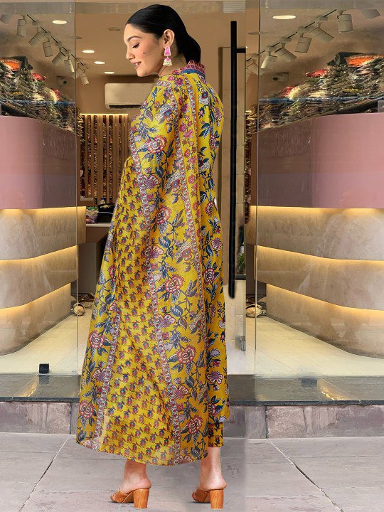 yellow Color Roman slub Anarkali Printed Kurta with plazzo & Dupatta set (3PICE PEAR)