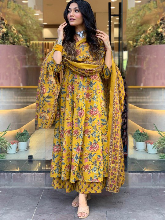 yellow Color Roman slub Anarkali Printed Kurta with plazzo & Dupatta set (3PICE PEAR)