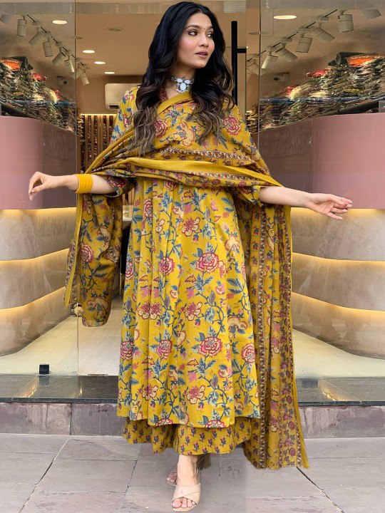 yellow Color Roman slub Anarkali Printed Kurta with plazzo & Dupatta set (3PICE PEAR)