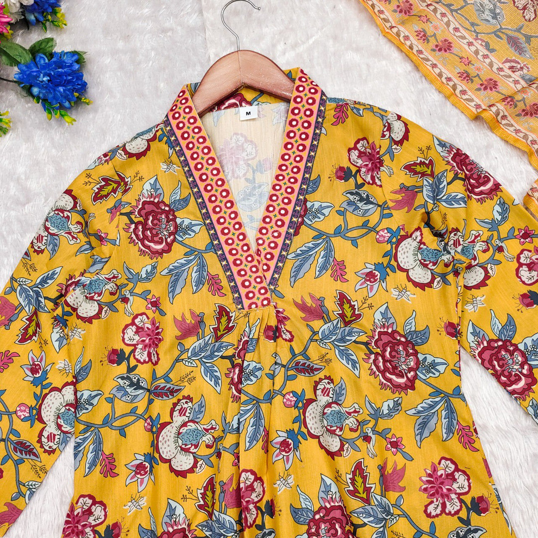 yellow Color Roman slub Anarkali Printed Kurta with plazzo & Dupatta set (3PICE PEAR)