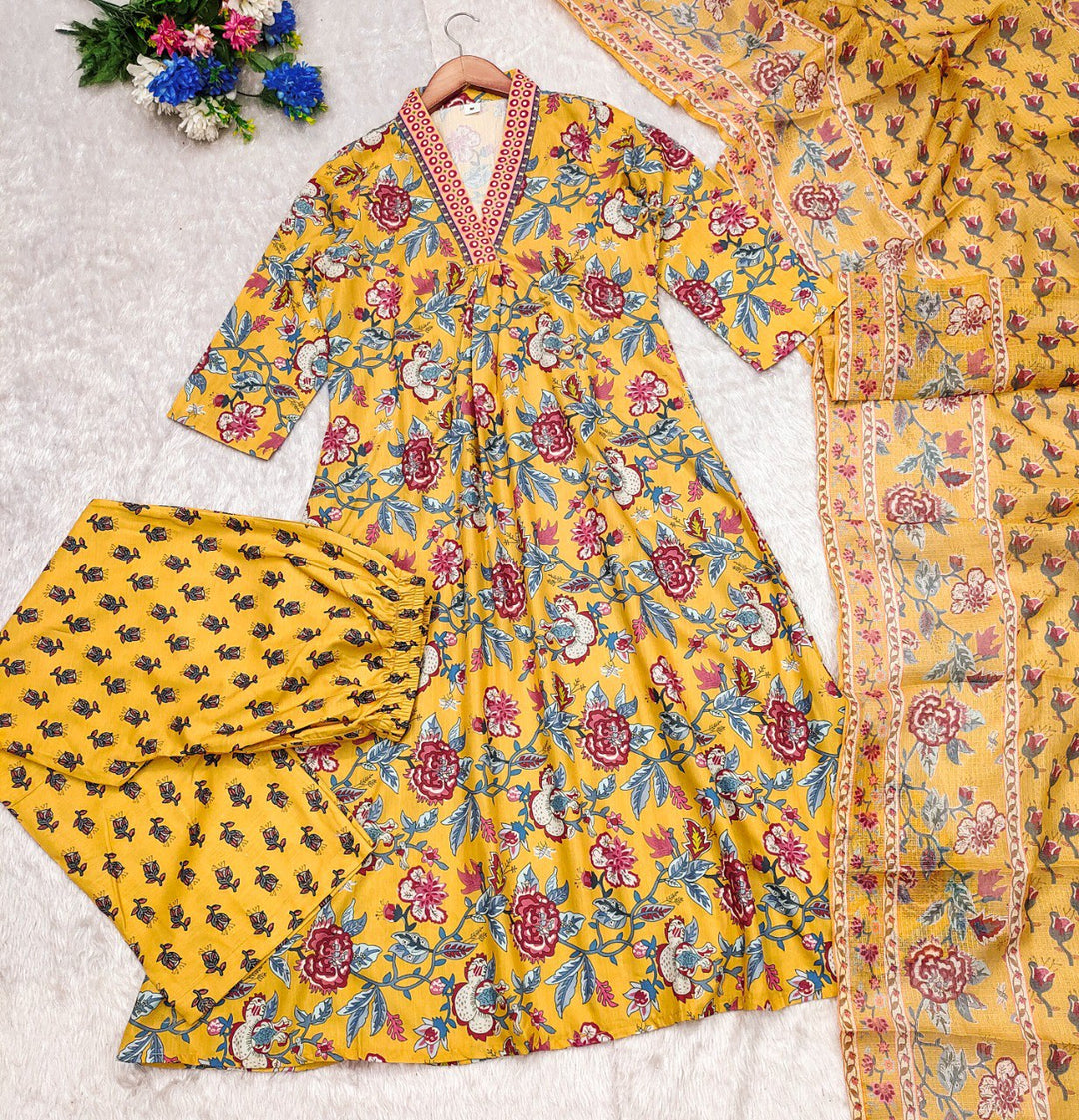 yellow Color Roman slub Anarkali Printed Kurta with plazzo & Dupatta set (3PICE PEAR)