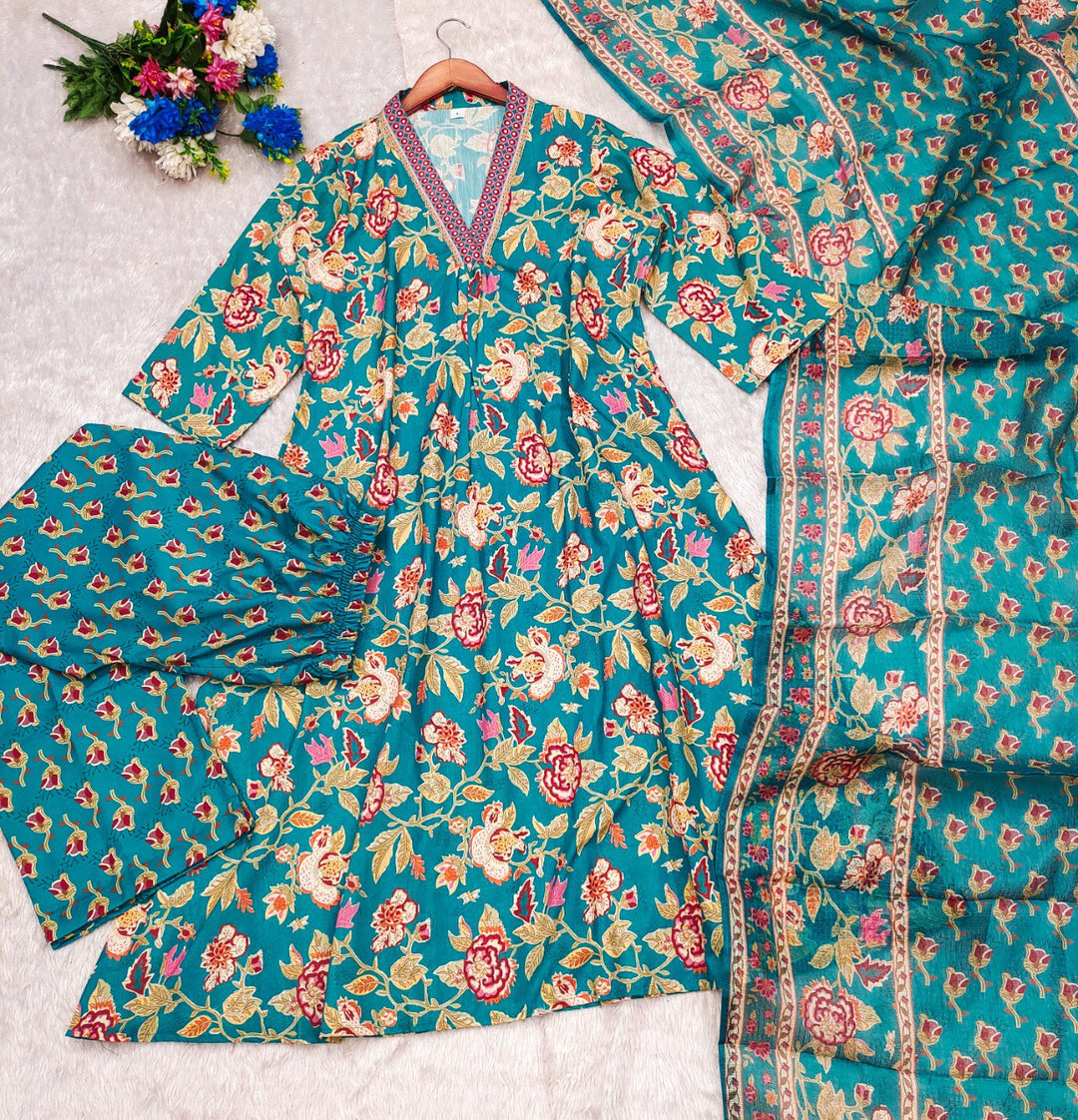 Green Color Roman slub Anarkali Printed Kurta with plazzo & Dupatta set (3PICE PEAR)