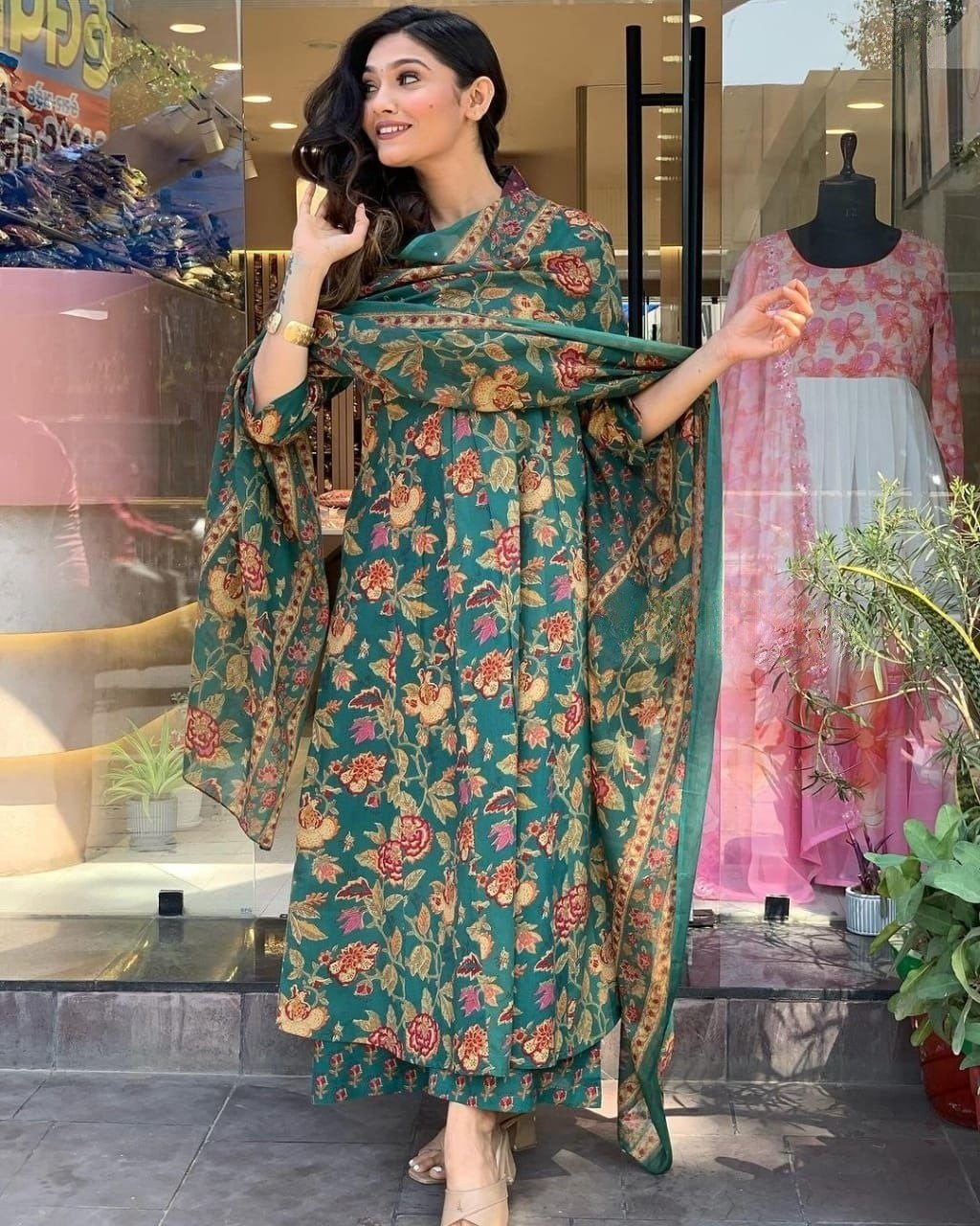 Green Color Roman slub Anarkali Printed Kurta with plazzo & Dupatta set (3PICE PEAR)
