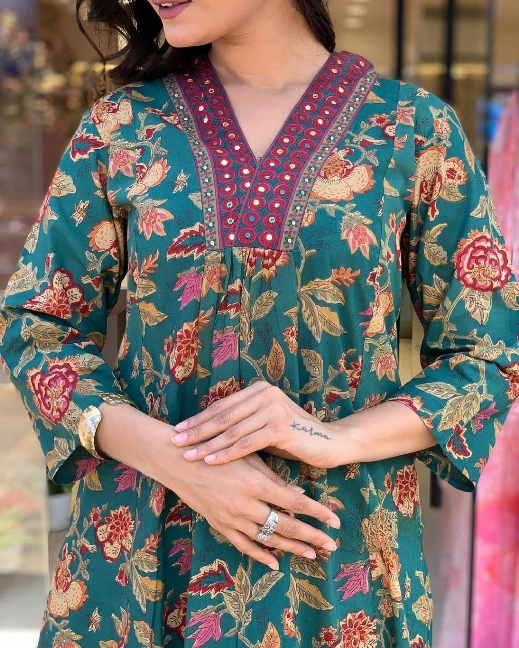 Green Color Roman slub Anarkali Printed Kurta with plazzo & Dupatta set (3PICE PEAR)