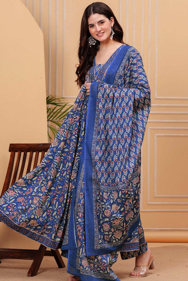 Blue Color Roman slub Anarkali Printed Kurta with Pant & Dupatta set (3PICE PEAR)
